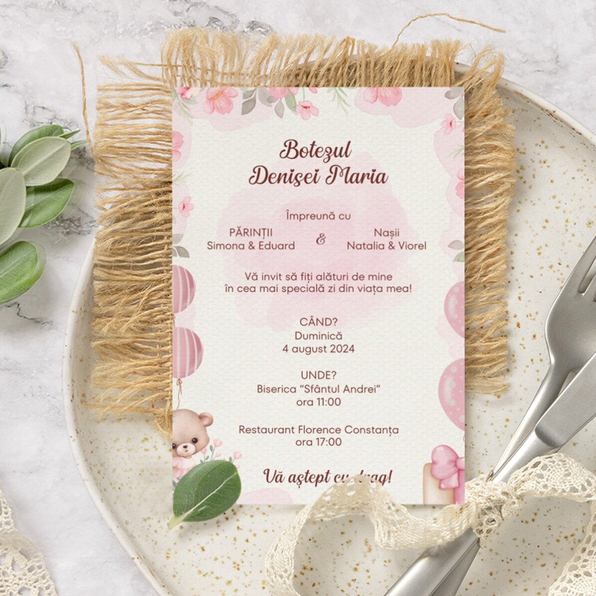 Card personalizat cu text - invitație pentru botez - Pink 