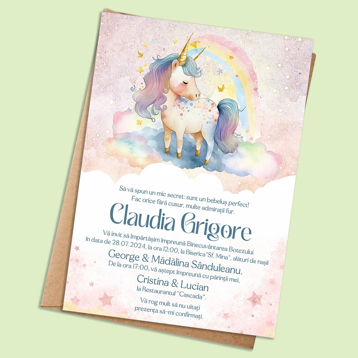 Card personalizat cu text - Invitatie pentru botez - Unicorn Univers
