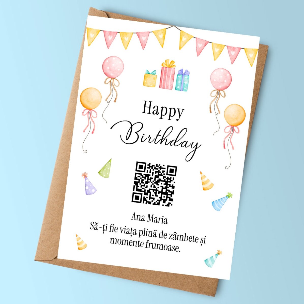 Card personalizat cu text și cod QR - Happy birthday!