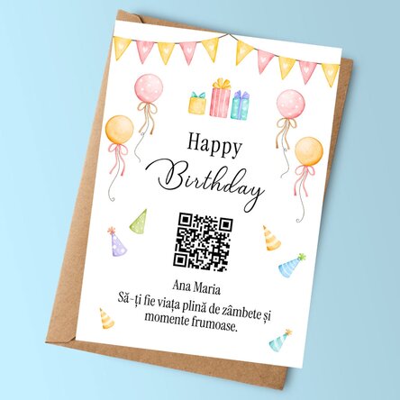 Card personalizat cu text și cod QR - Happy birthday!