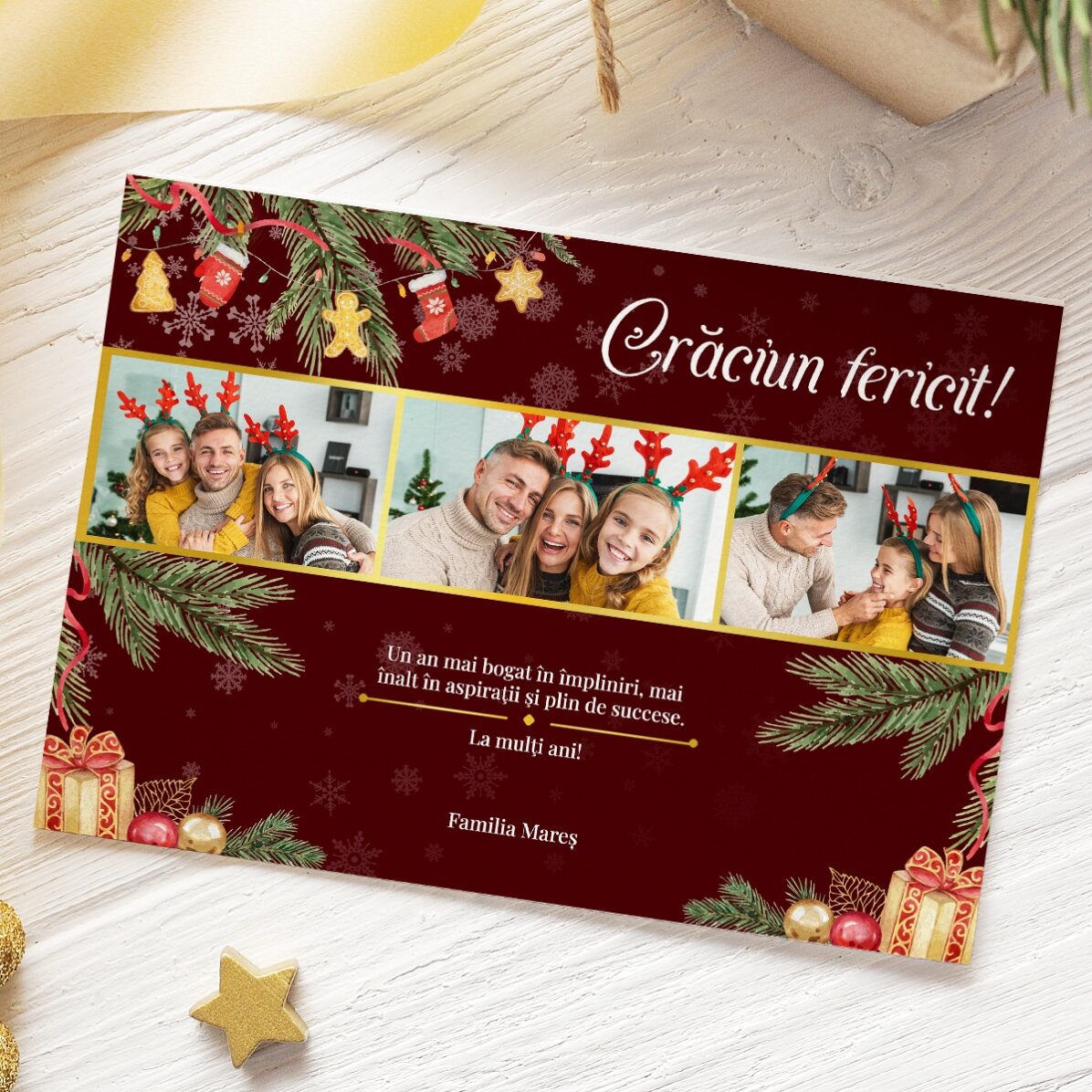 Card personalizat de Crăciun cu 3 poze și text - Cadou de familie