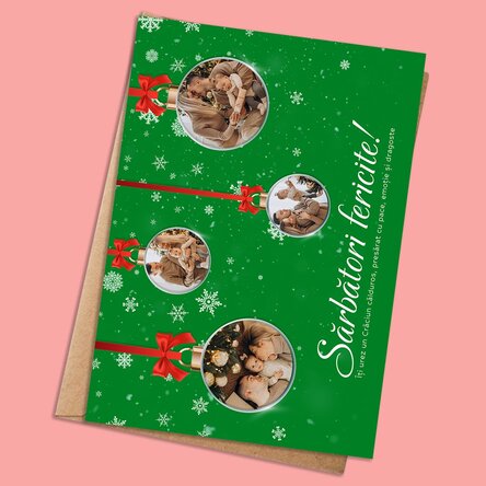 Card personalizat de Crăciun cu 4 poze și text - Model Globulețe