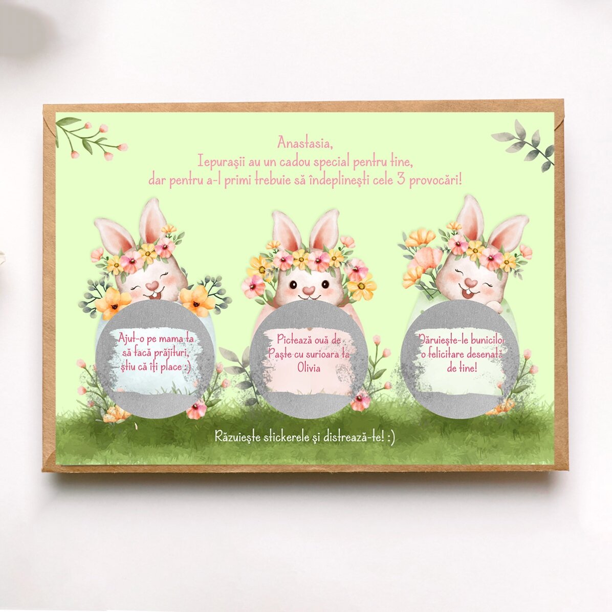 Card răzuibil personalizat cu mesaj de Paște - Provocările iepurașului