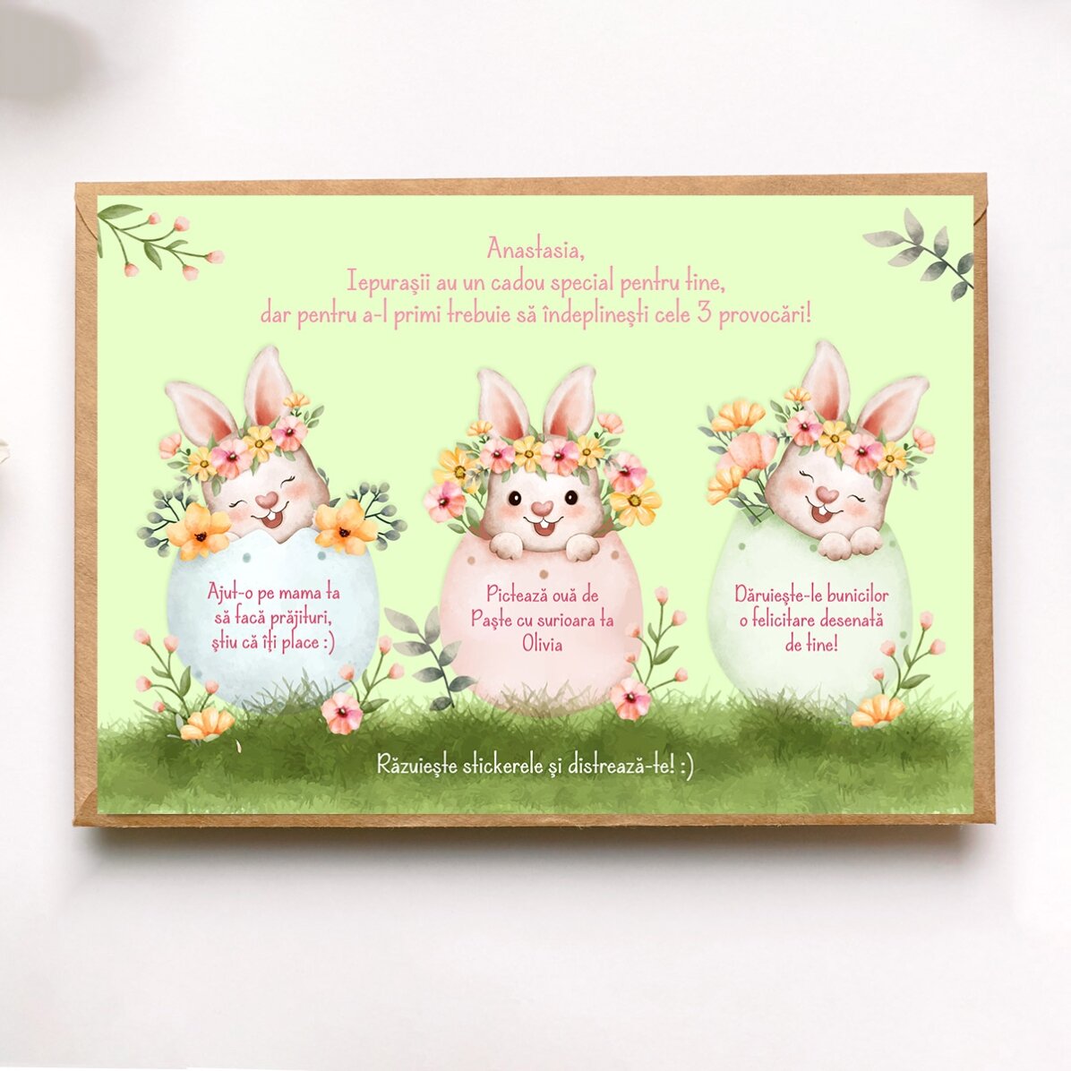 Card răzuibil personalizat cu mesaj de Paște - Provocările iepurașului