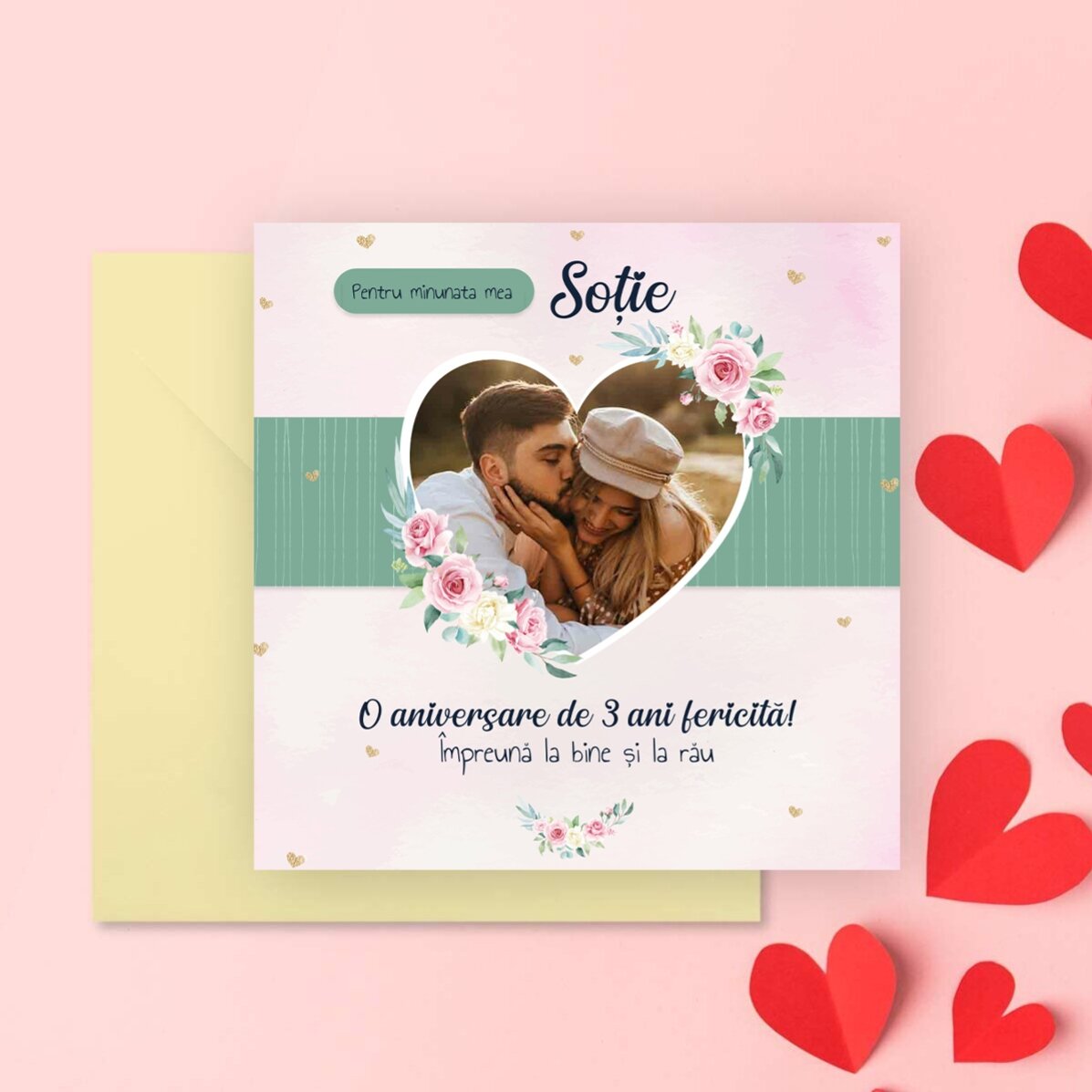 Personalised square card with message - Hearts & Roses