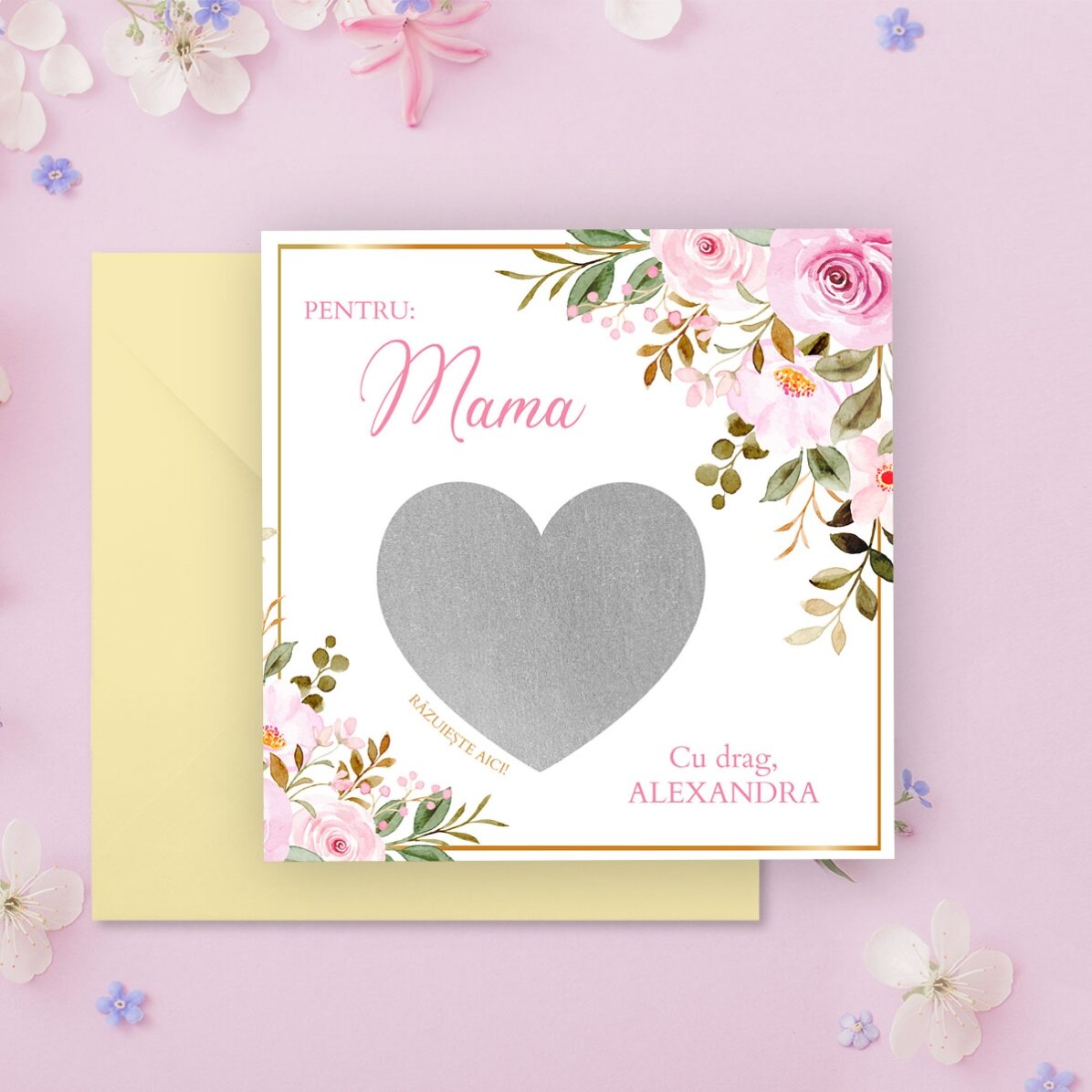 Card răzuibil personalizat cu mesaj - model floral