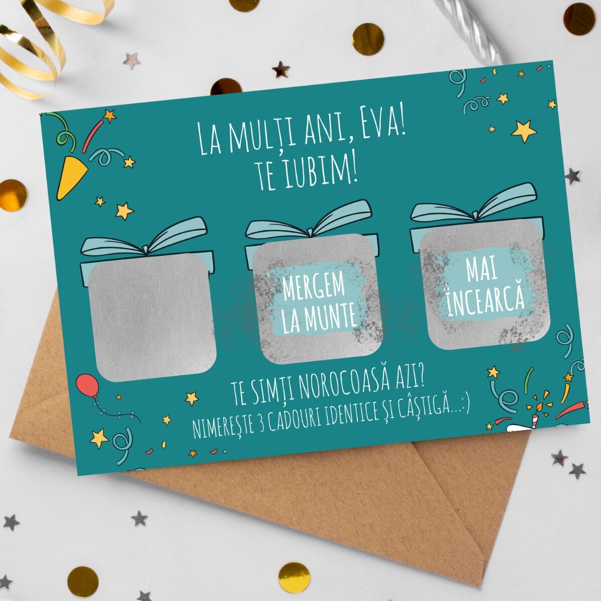 Card răzuibil personalizat cu mesaj - Nimerește 3 cadouri și câștigă