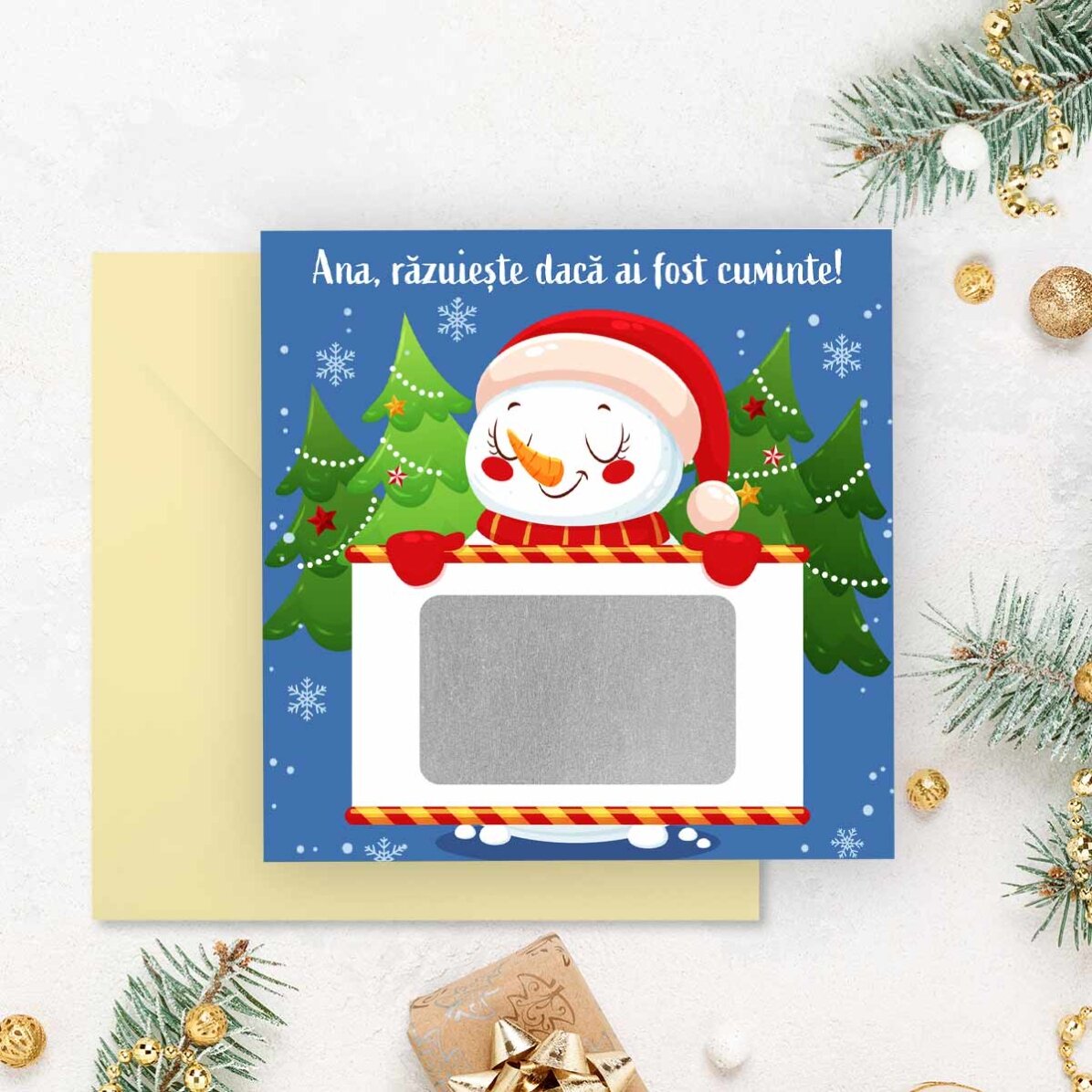 Card răzuibil personalizat cu mesaj - Om de zăpadă