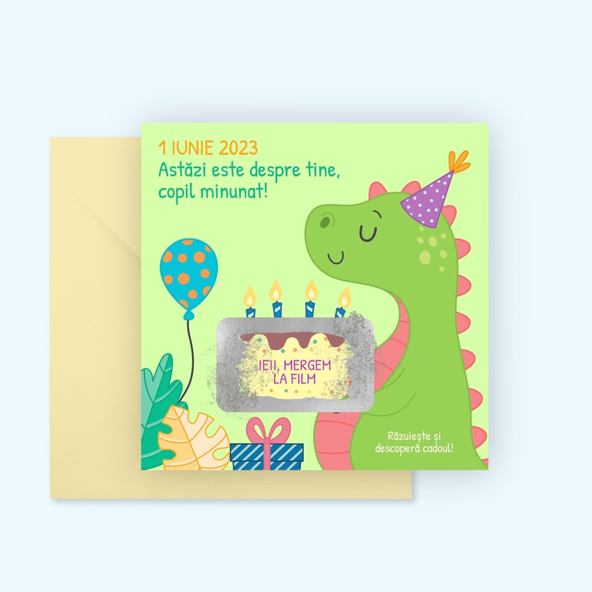 Card răzuibil personalizat cu mesaj pentru copii - Dino
