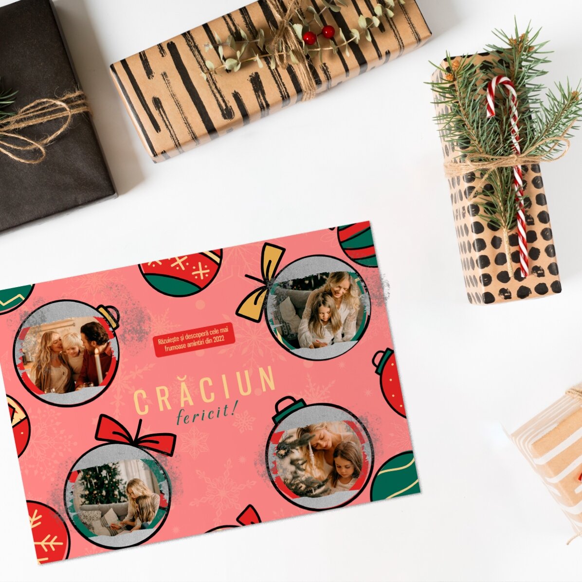 Card răzuibil personalizat cu poze și text - Globulețe de Crăciun