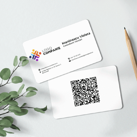 Carte de vizită aluminiu personalizată față-verso cu cod QR și date de contact