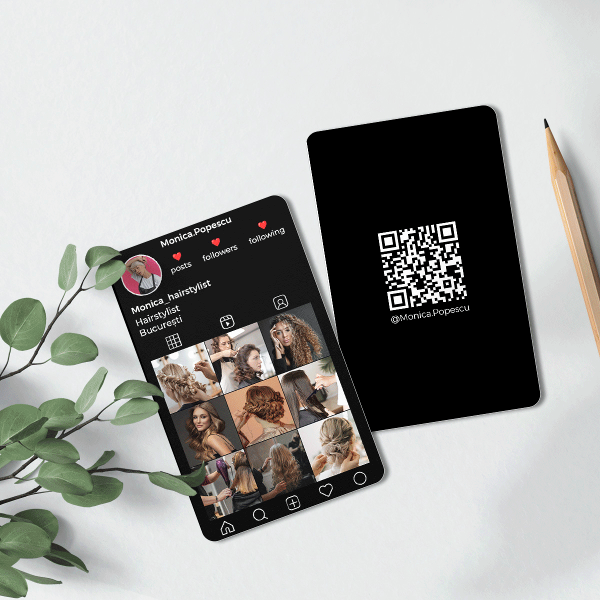 Carte de vizită aluminiu personalizată față-verso cu cod QR, text și poze - Instagram
