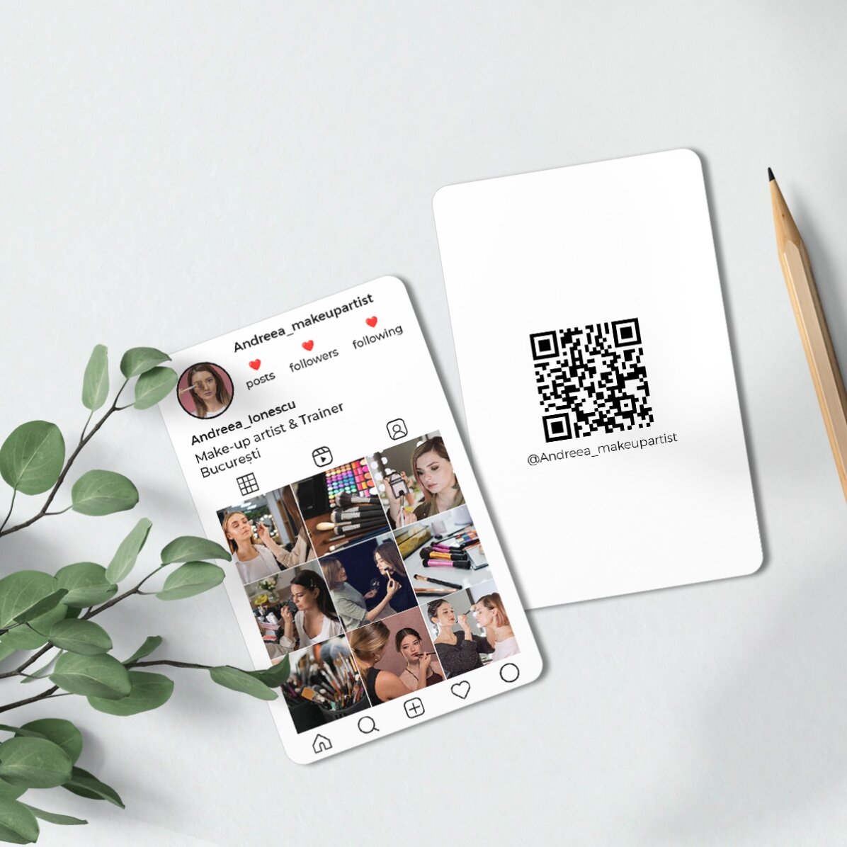 Carte de vizită aluminiu personalizată față-verso cu cod QR, text și poze - Instagram