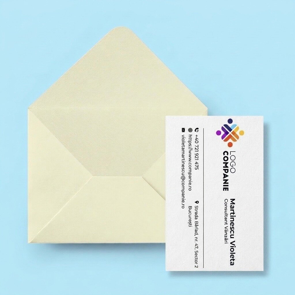Double-sided personalised paper business cards with a QR code and contact details