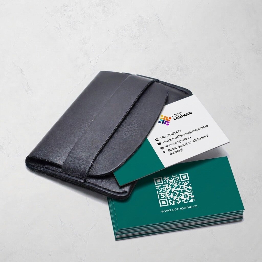 Personalised paper business cards, featuring a coloured stripe, logo and QR code