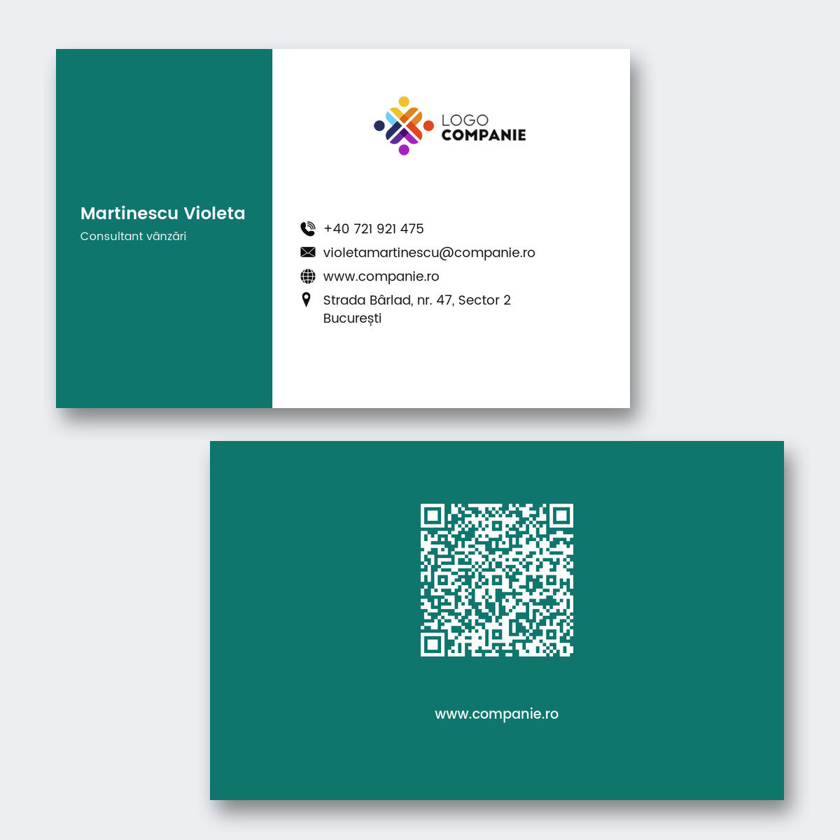 Personalised paper business cards, featuring a coloured stripe, logo and QR code