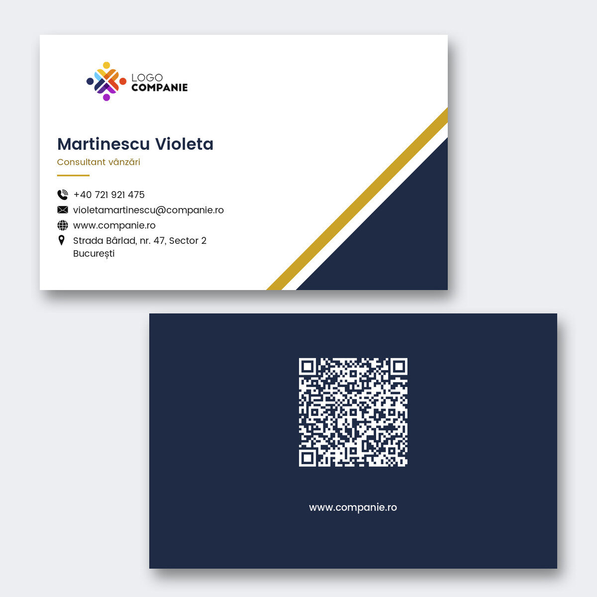 Personalised paper business cards, geometric design, logo and QR code