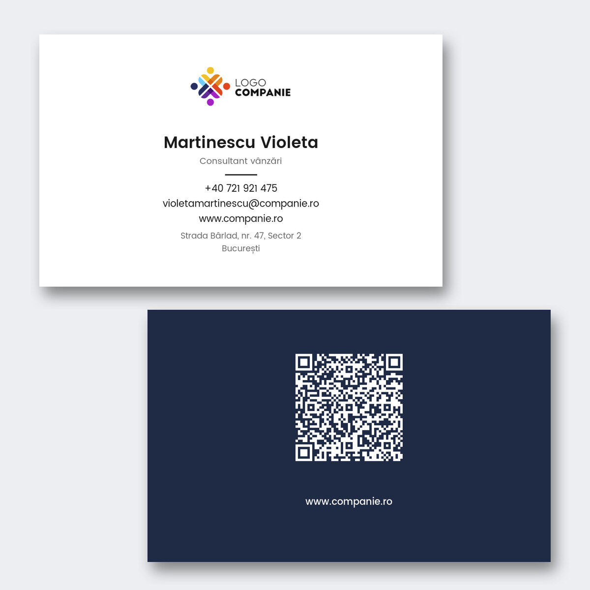 Personalised paper business cards, minimalist design, logo and QR code