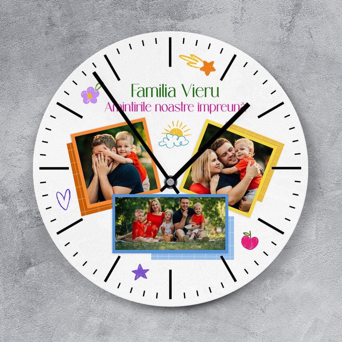 Personalised clock with 3 photos and text - Colours