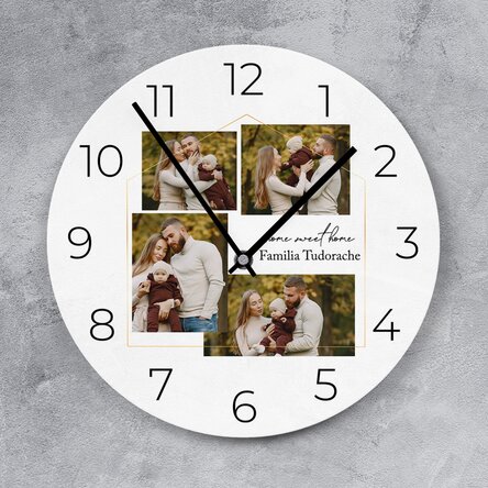 Ceas personalizat cu 4 poze și text - Home sweet home