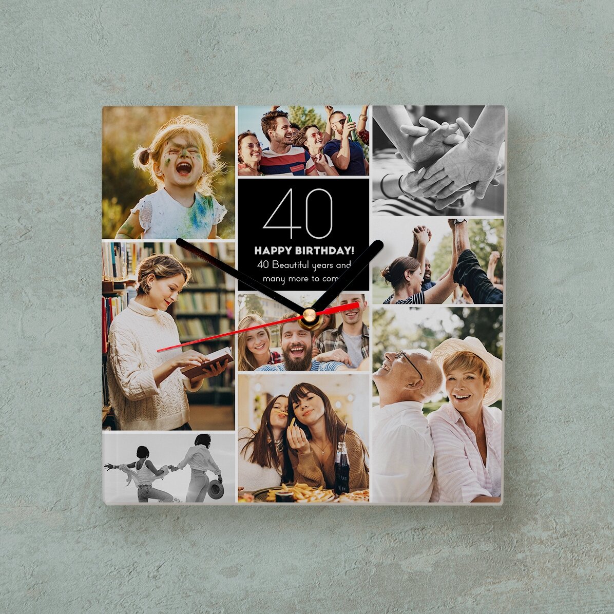 Ceas pătrat personalizat cu text și 9 poze - Zi de naștere