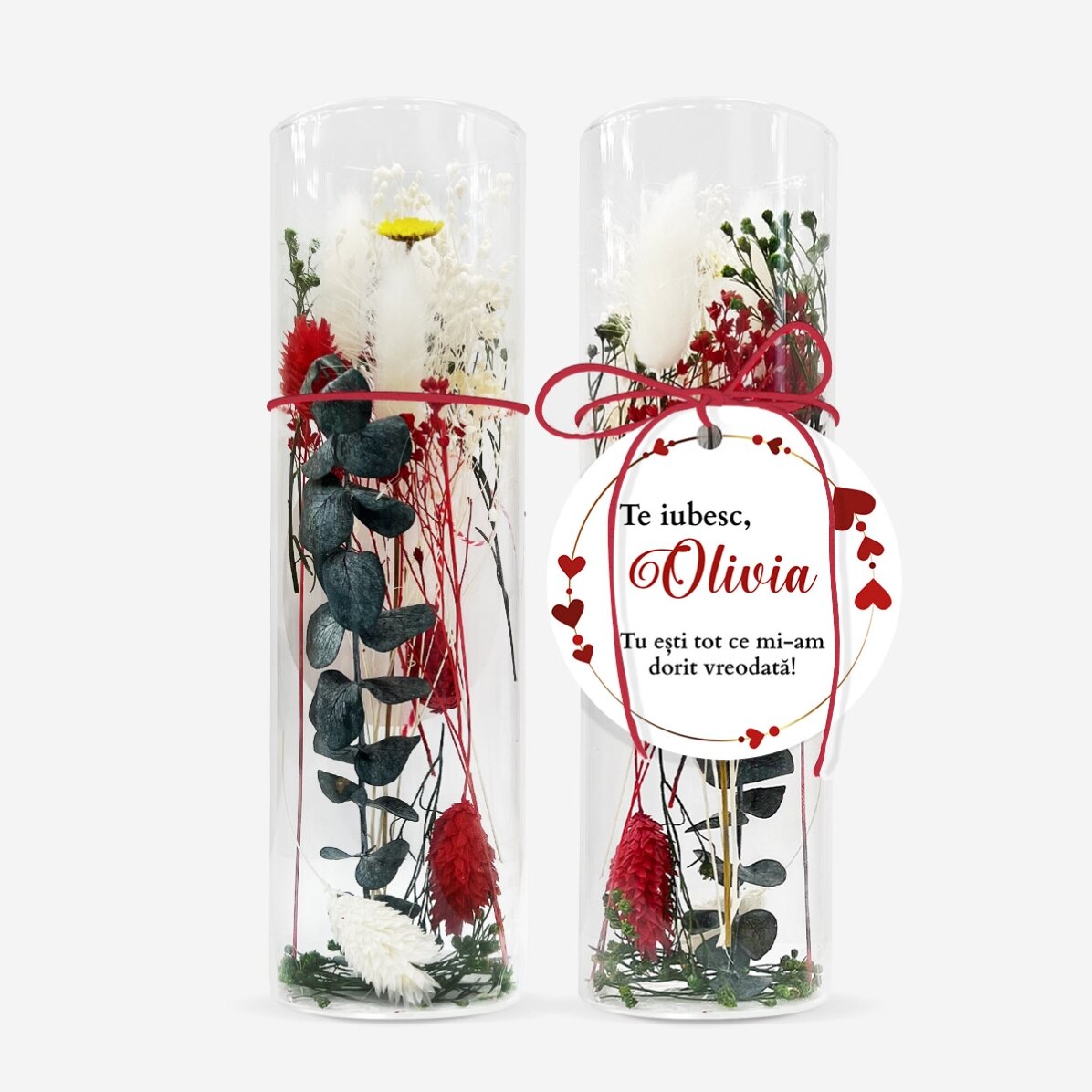 Ornament din sticlă cu flori prezervate personalizat cu text - Te iubesc