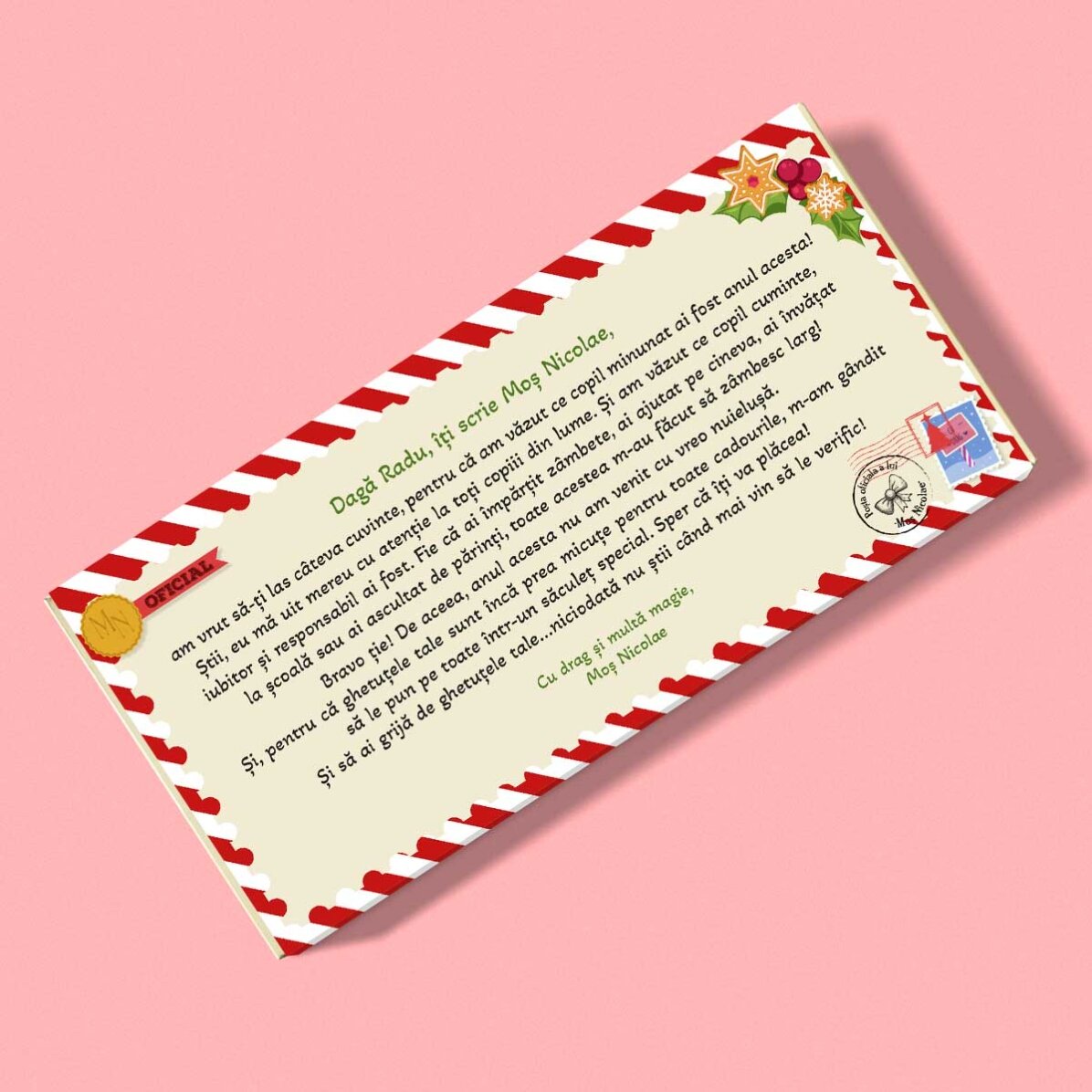 Ciocolată personalizată cu mesaj  - Scrisoare de la Moș Nicolae