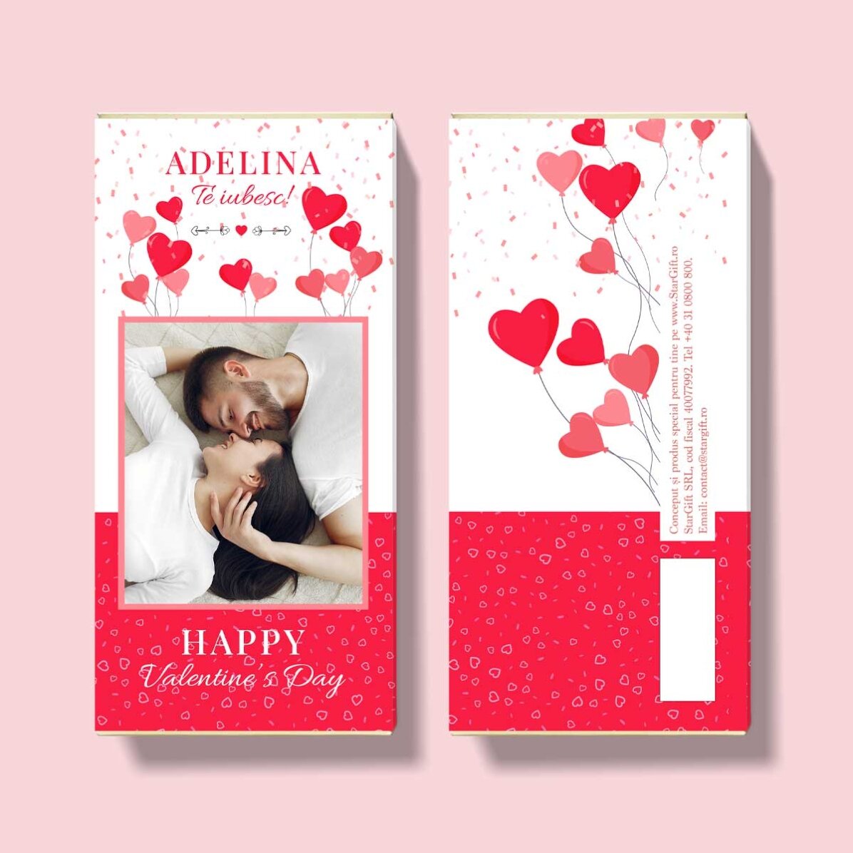 Ciocolată personalizată cu o poză și text - Baloane și inimioare