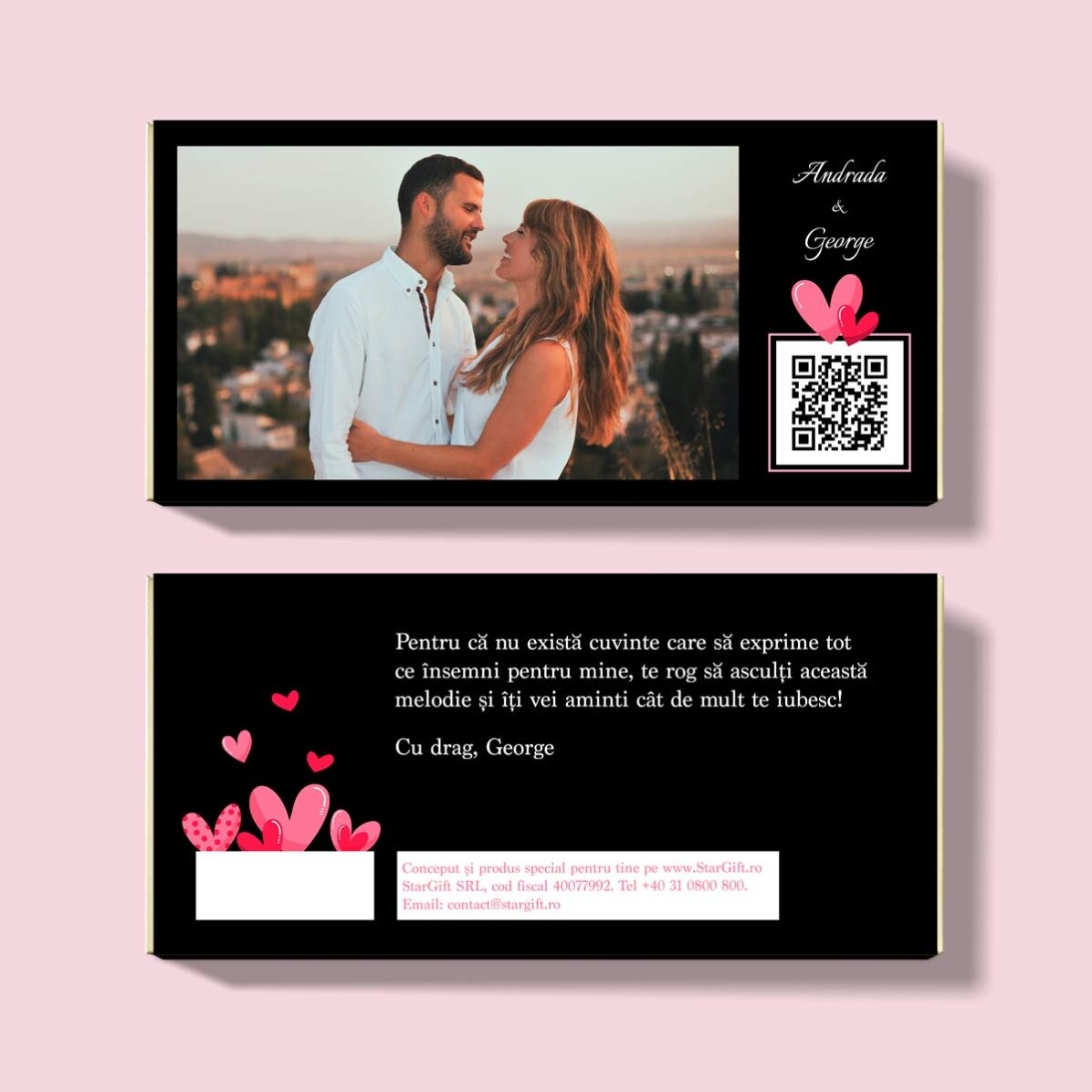 Ciocolată personalizată cu o poză, text și cod QR - Love