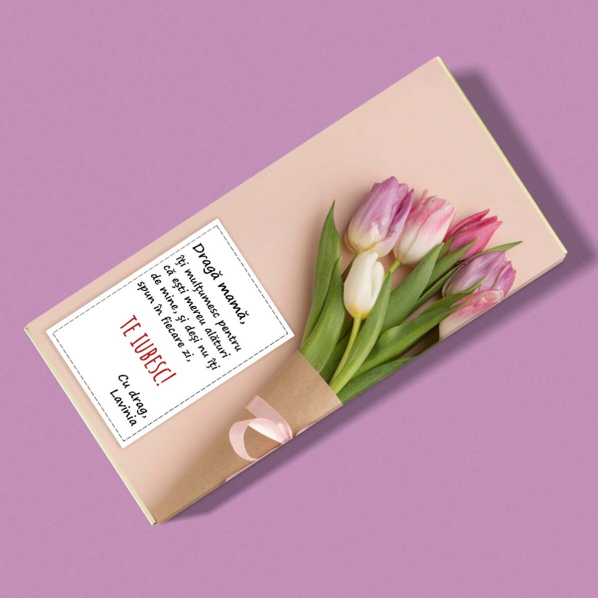Ciocolată personalizată cu text - Buchet de lalele