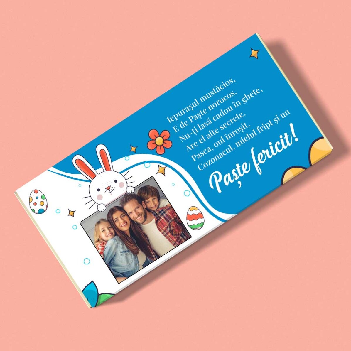Ciocolată personalizată cu text și poză - Paște fericit!