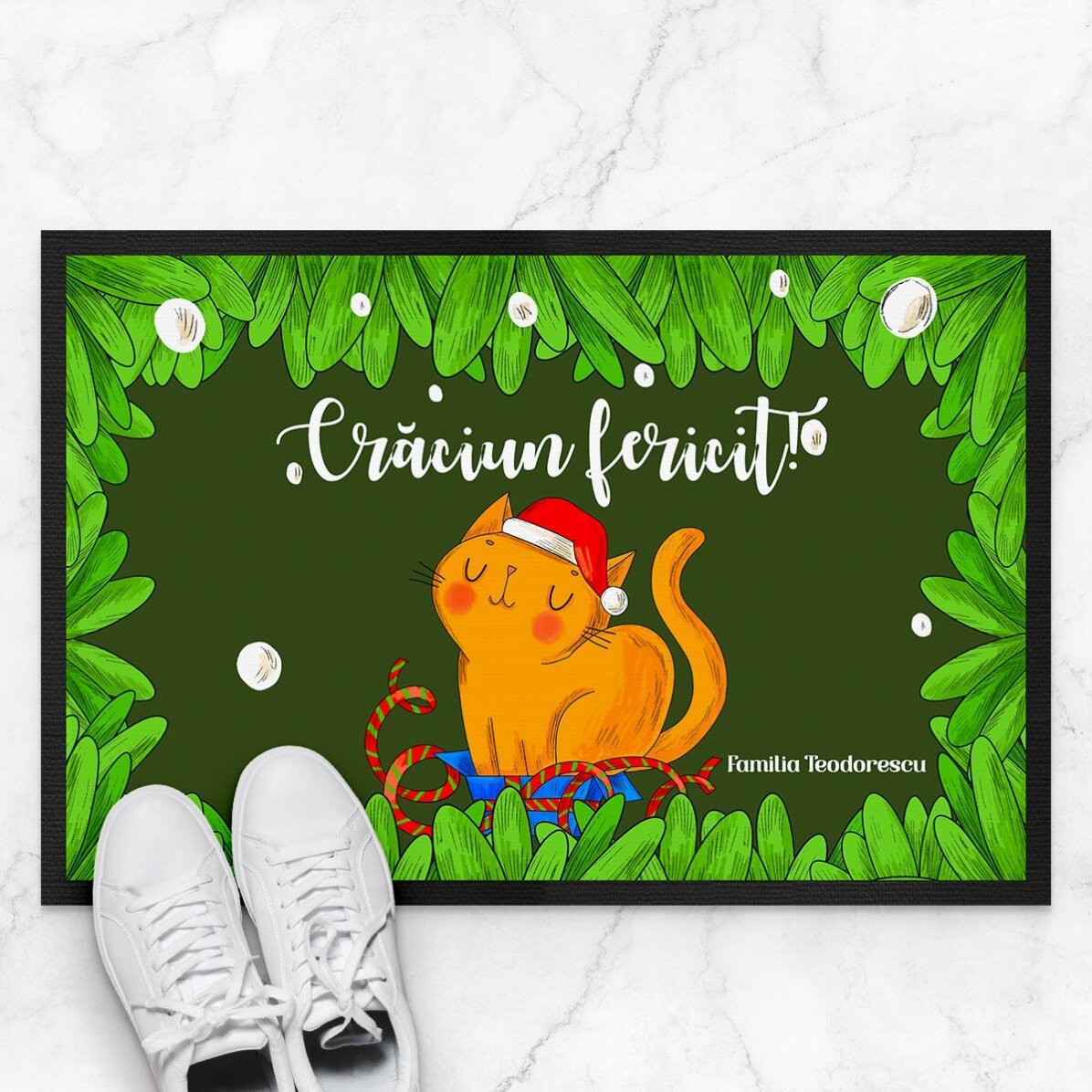 Covoraș de intrare personalizat cu text - Pisică de Crăciun