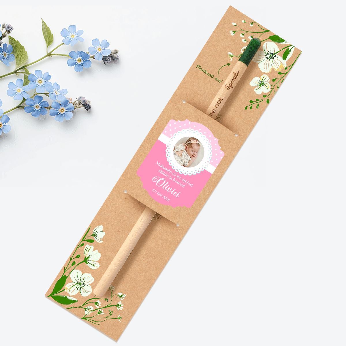 Personalised plantable pencil with photo and message – Christening favour