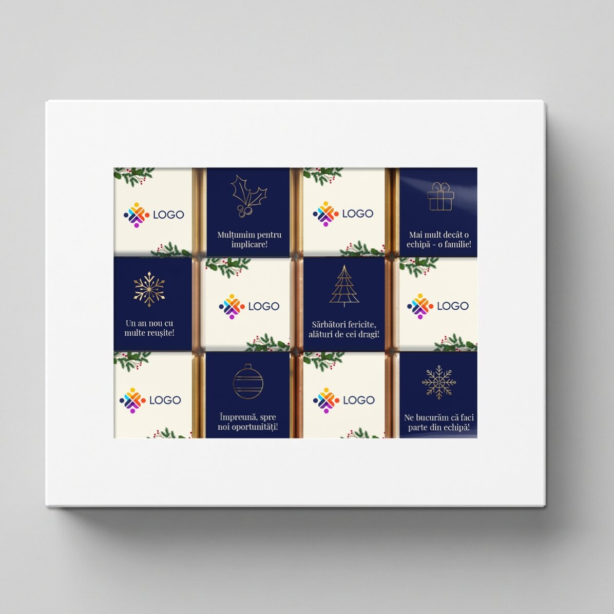 Gift box containing 12 mini chocolates, personalised with a logo and a Christmas message