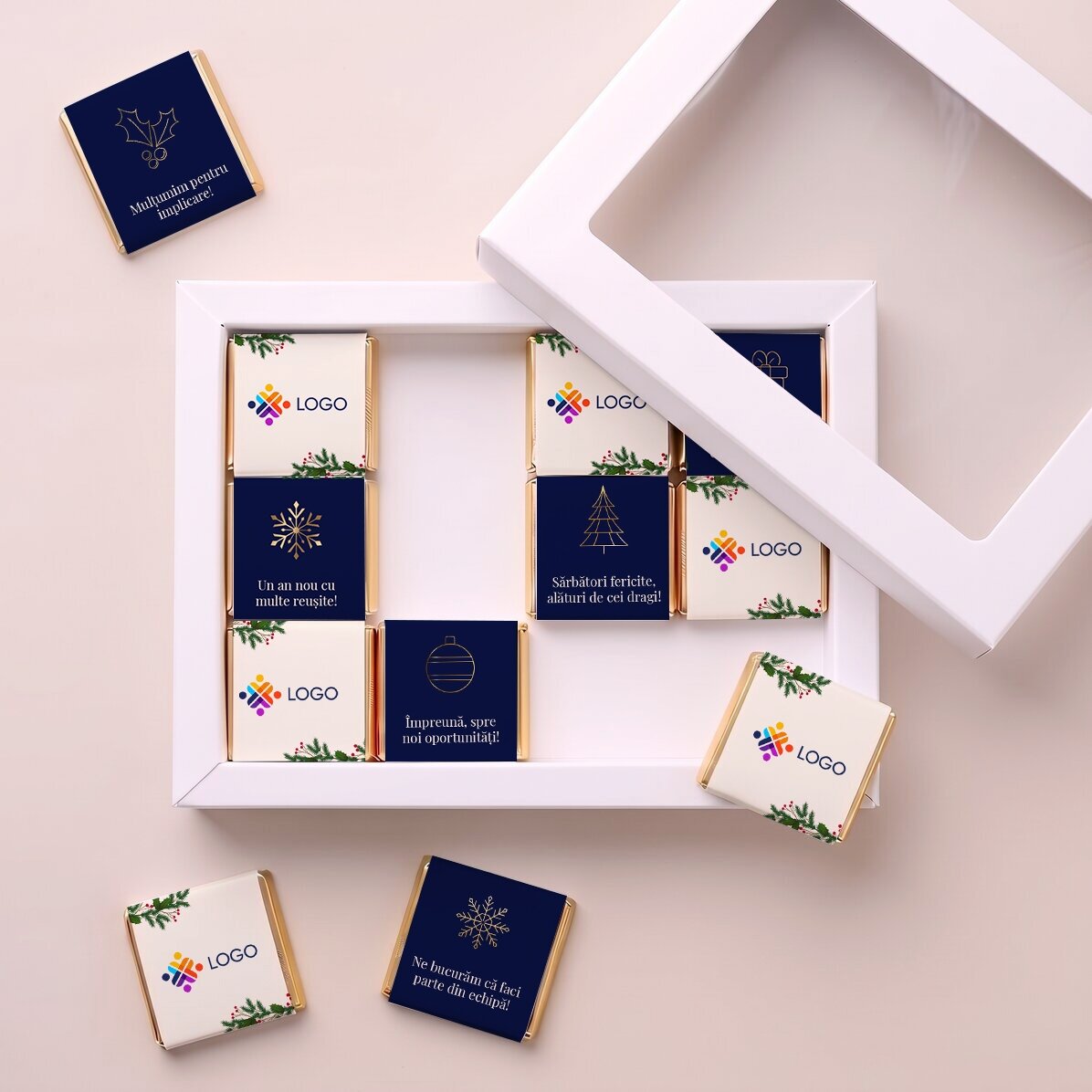 Gift box containing 12 mini chocolates, personalised with a logo and a Christmas message