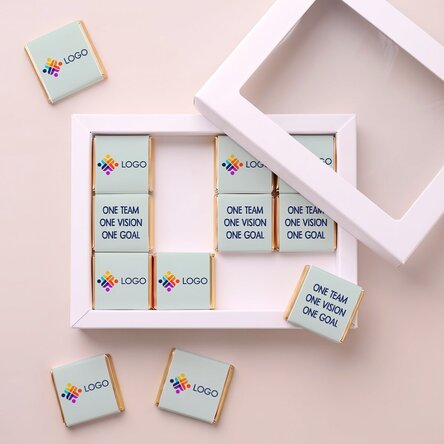 Box of 12 mini chocolates, personalised with a logo and message