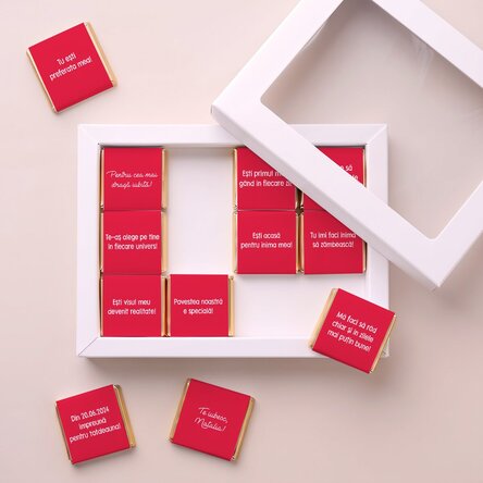 Gift box containing 12 personalised mini chocolates with messages