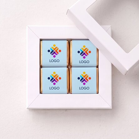 Gift box containing 4 mini chocolates personalised with a logo