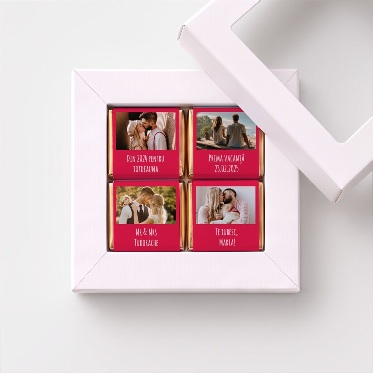 Gift box containing 4 mini chocolates, personalised with photos and a message
