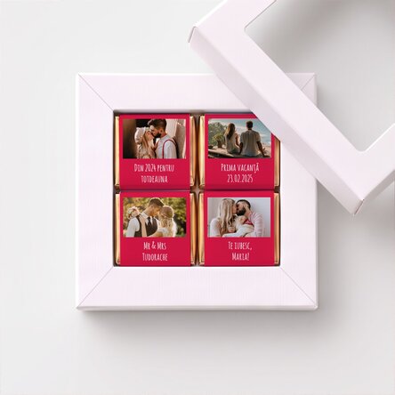 Gift box containing 4 mini chocolates, personalised with photos and a message