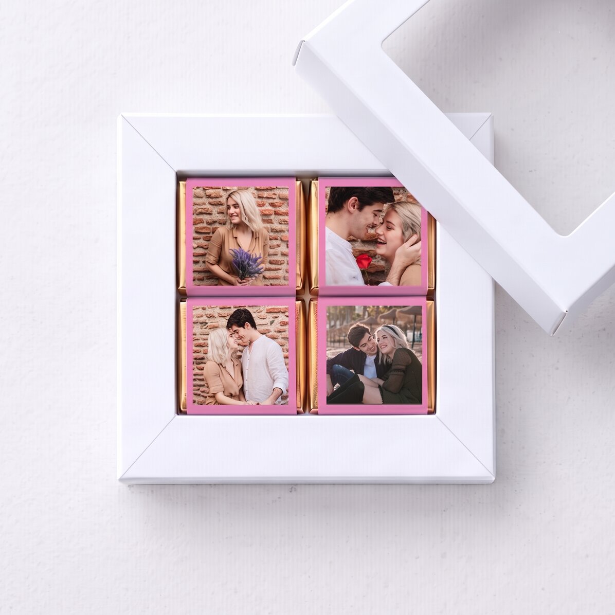 Gift box containing 4 mini chocolates personalised with photos
