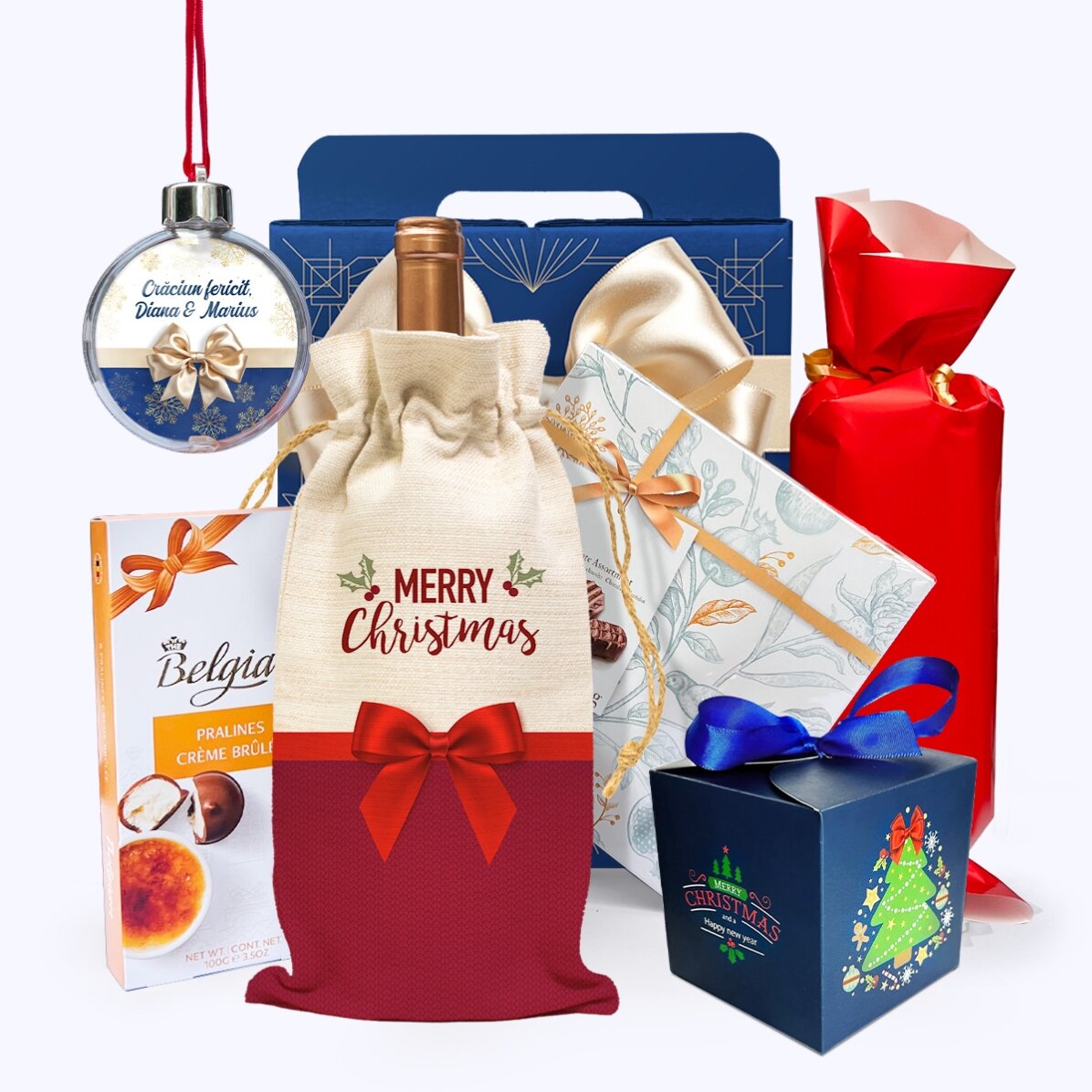 Christmas gift box with a personalised bauble featuring a message