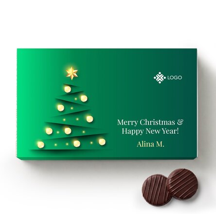 Box of cream-filled sweets, personalised with a logo and message – Christmas Tree