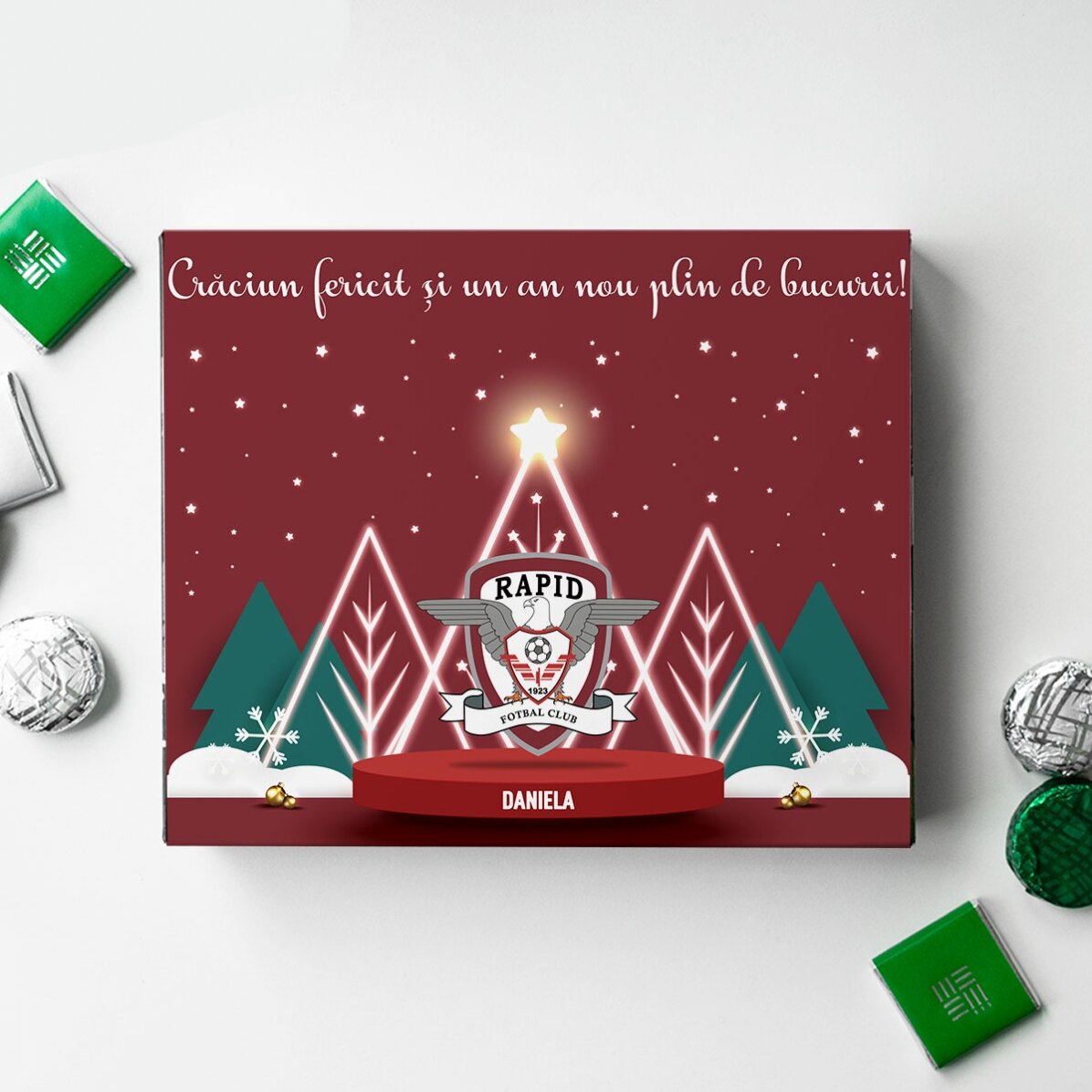 Cutie de bomboane FC Rapid personalizată cu text - Sărbătoare în Giulești