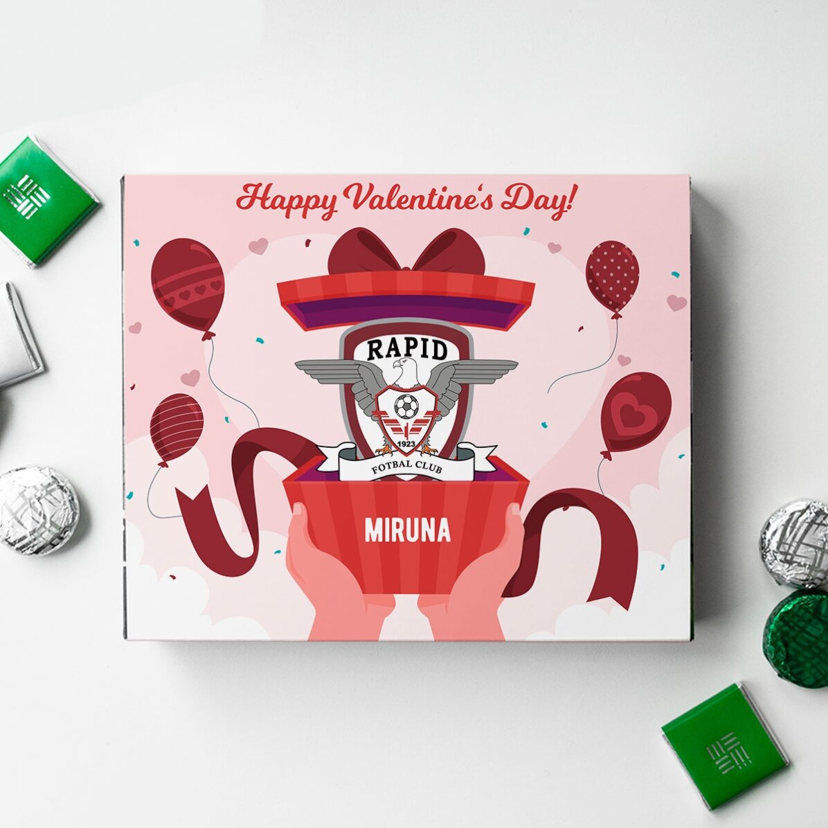 Cutie de bomboane FC Rapid personalizată cu text - Valentine