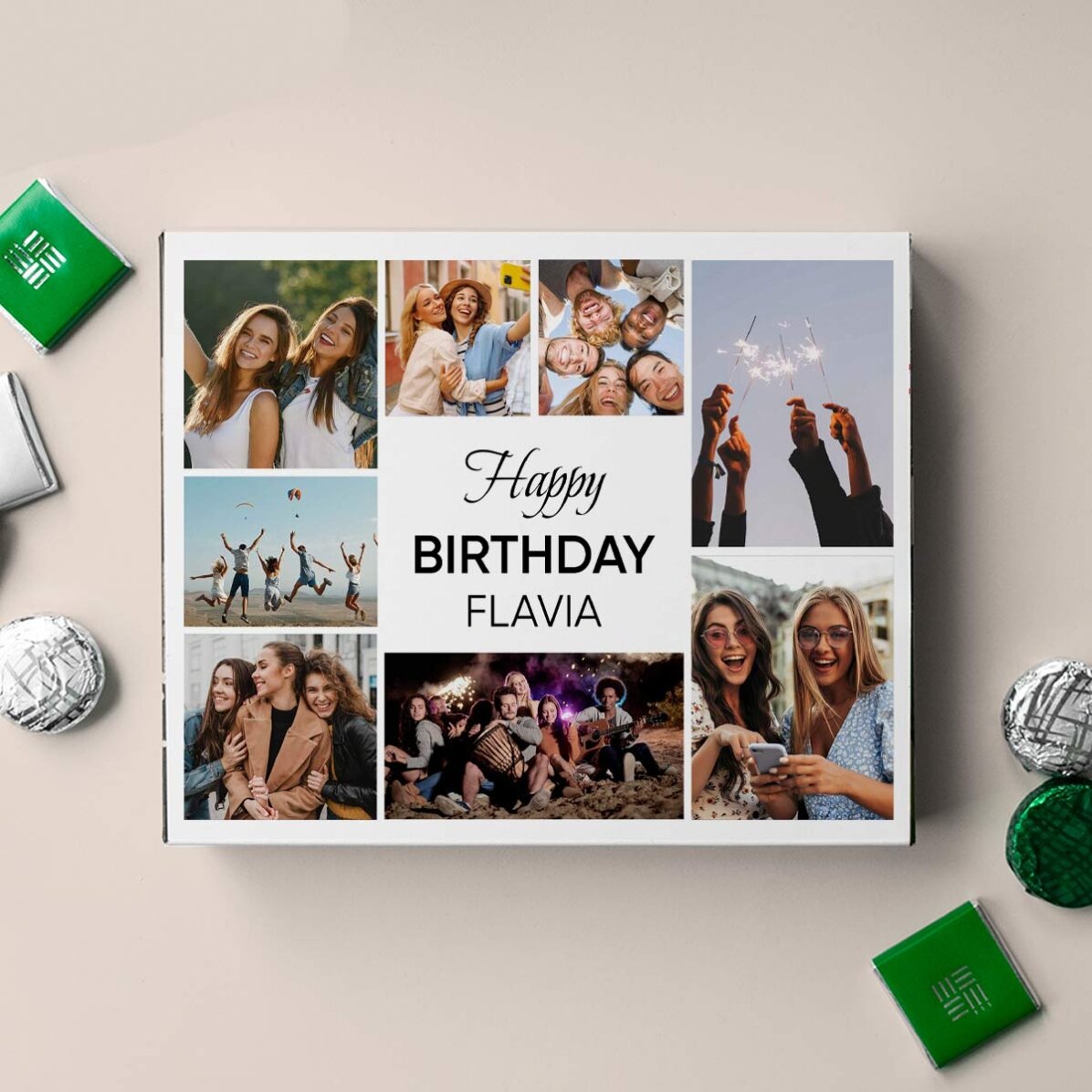 Cutie de bomboane personalizată cu 8 poze și mesaj - Happy Birthday!