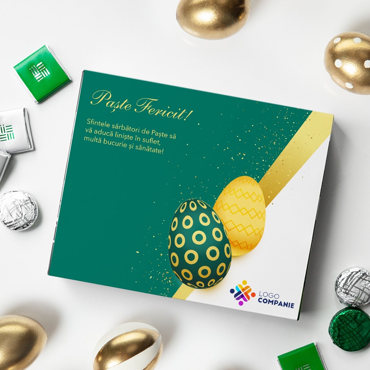 Cutie de bomboane personalizată cu logo și mesaj - Paște