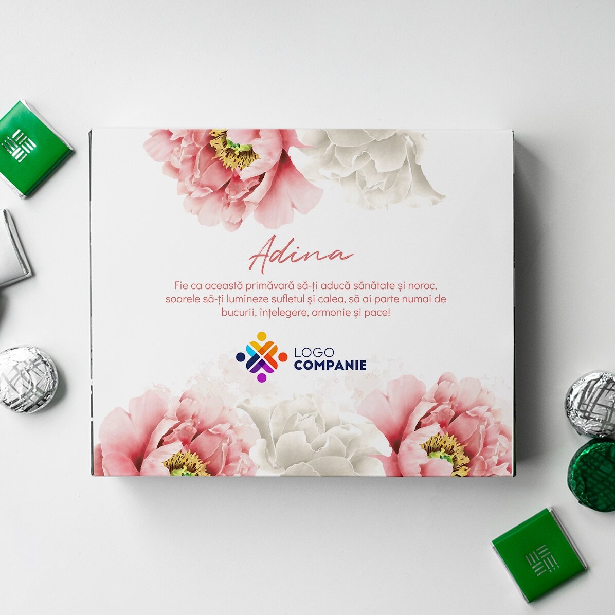 Cutie de bomboane personalizată cu logo și mesaj - Primăvară frumoasă