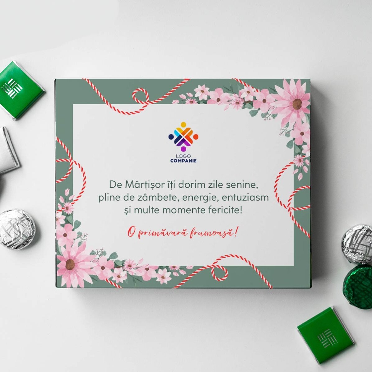 Cutie de bomboane personalizată cu logo și text - O primăvară frumoasă!