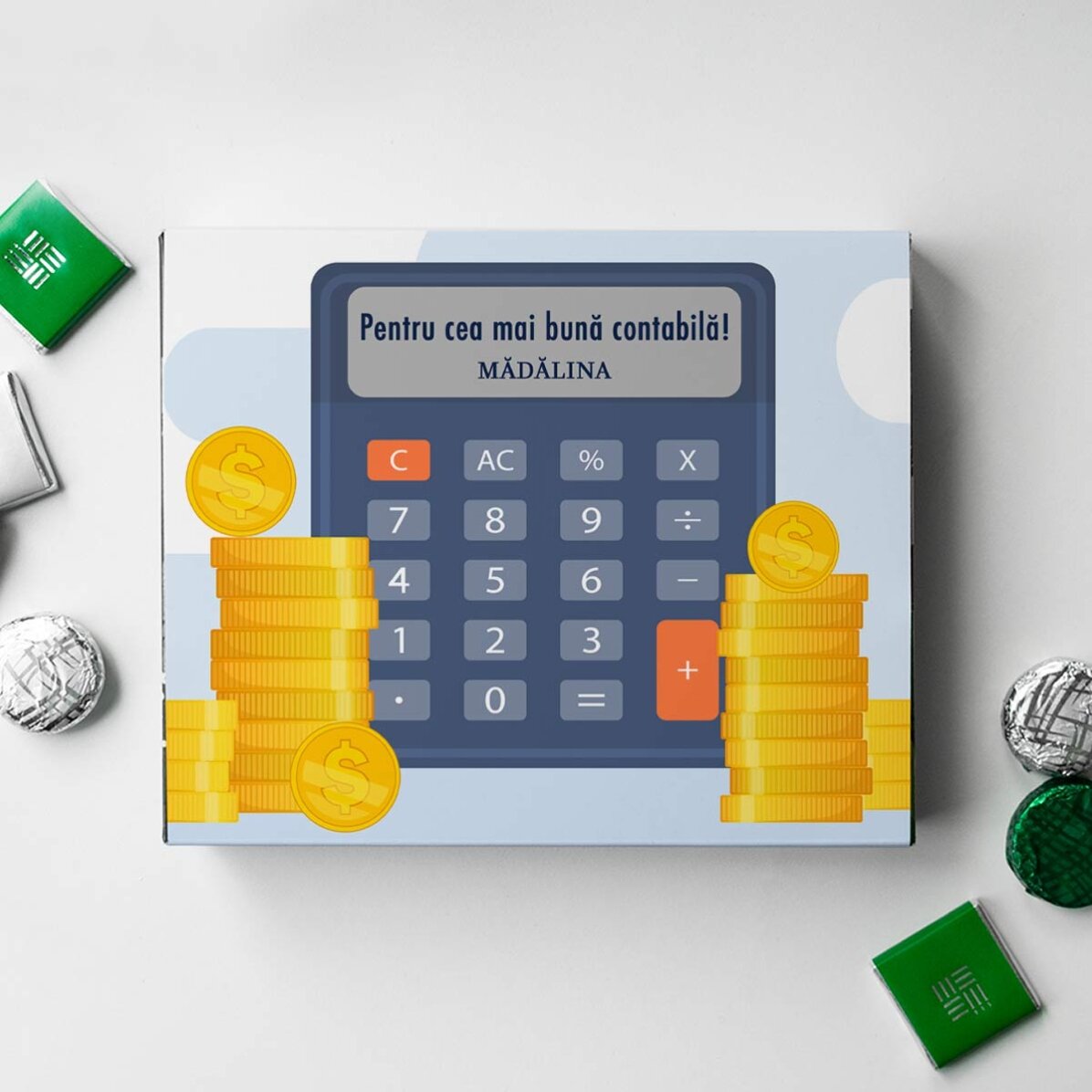 Cutie de bomboane personalizată cu mesaj de mulțumire pentru contabili